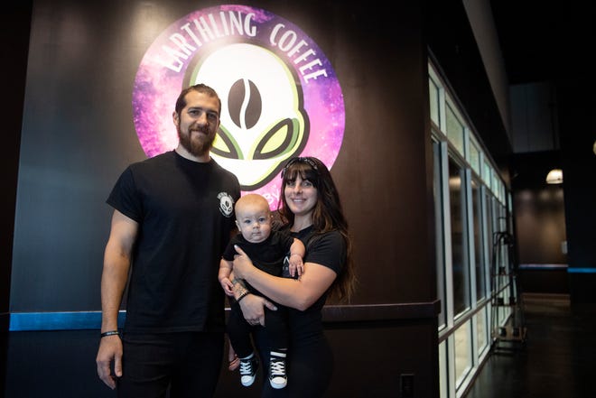 Chris and Jaimi Gunkel, co-owners of Earthling Coffee + Espresso, pictured with their son, Kingston, are opening a cafe with indoor seating at the Asheville Outlets.