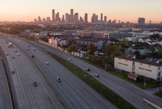 An aerial view of a highway in Houston on April 1, 2020.