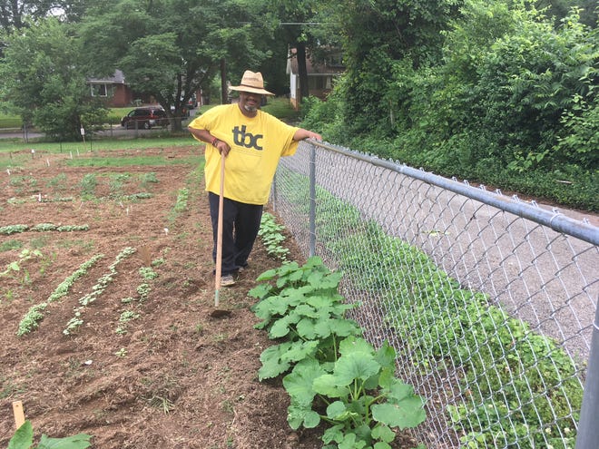 The Rev. Chris Battle beside the “Gleaning Fence” at Tabernacle Baptist in the spring of 2018. Battle’s intent to follow an Old Testament edict that that instructs farmers to leave portions of their fields available to the poor eventually resulted in BattleField Farm & Gardens. The organization just won in the “Serve” category at  the 9th Annual Young Professionals of Knoxville Impact Awards. May 31, 2018.