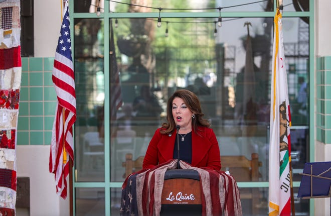 La Quinta Mayor Linda Evans speaks to begin the annual Veterans Day recognition ceremony at city hall, Thursday, Nov. 11, 2021, in La Quinta, Calif. 