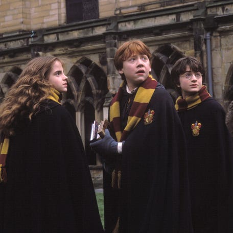 Hermione (Emma Watson, from left), Ron (Rupert Grint) and Harry (Daniel Radcliffe) have a very dangerous second year at Hogwarts in in "Harry Potter and the Chamber of Secrets."
