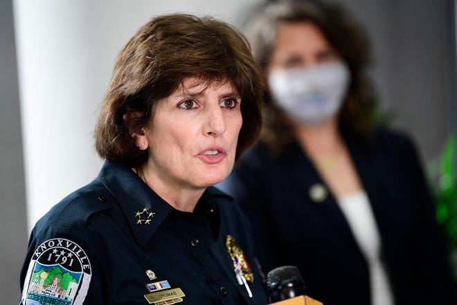 Knoxville Police Chief Eve Thomas announces her retirement during a press conference at the City-County Building in downtown Knoxville, Tenn. on Friday, Nov. 12, 2021. Chief Thomas joined the police force in 1993 and served in various leadership roles before being named Chief in 2018.