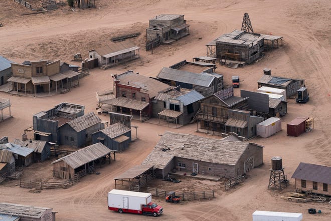 An aerial photo of the Bonanza Creek Ranch in Santa Fe, New Mexico, a frequent destination for crews shooting Westerns. A cinematographer was killed by a live round of ammunition on the set of the Alec Baldwin movie "Rust."