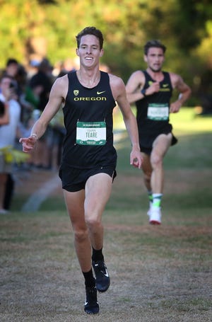 Oregon's Cooper Teare wins the men's cross country meet during the Bill Dellinger Invitational at Pine Ridge Golf Club in Springfield in September.