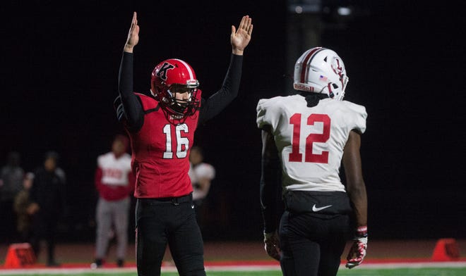 Kingsway's Nick Tanzola celebrates after kicking a field goal during the South Jersey Group 5 semifinal football game between Kingsway and Lenape, played at Kingsway Regional High School in Woolwich Township on Friday, November 12, 2021.