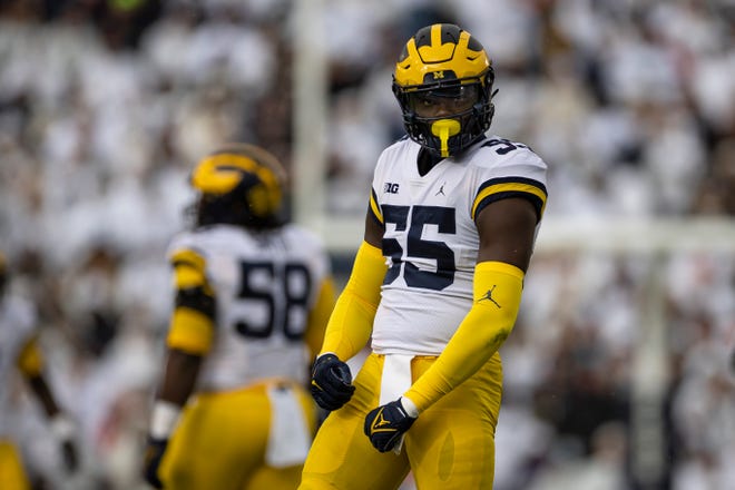 Michigan linebacker David Ojabo celebrates after recording a sack against Penn State during the first half on Saturday, Nov. 13, 2021, in State College, Pennsylvania.