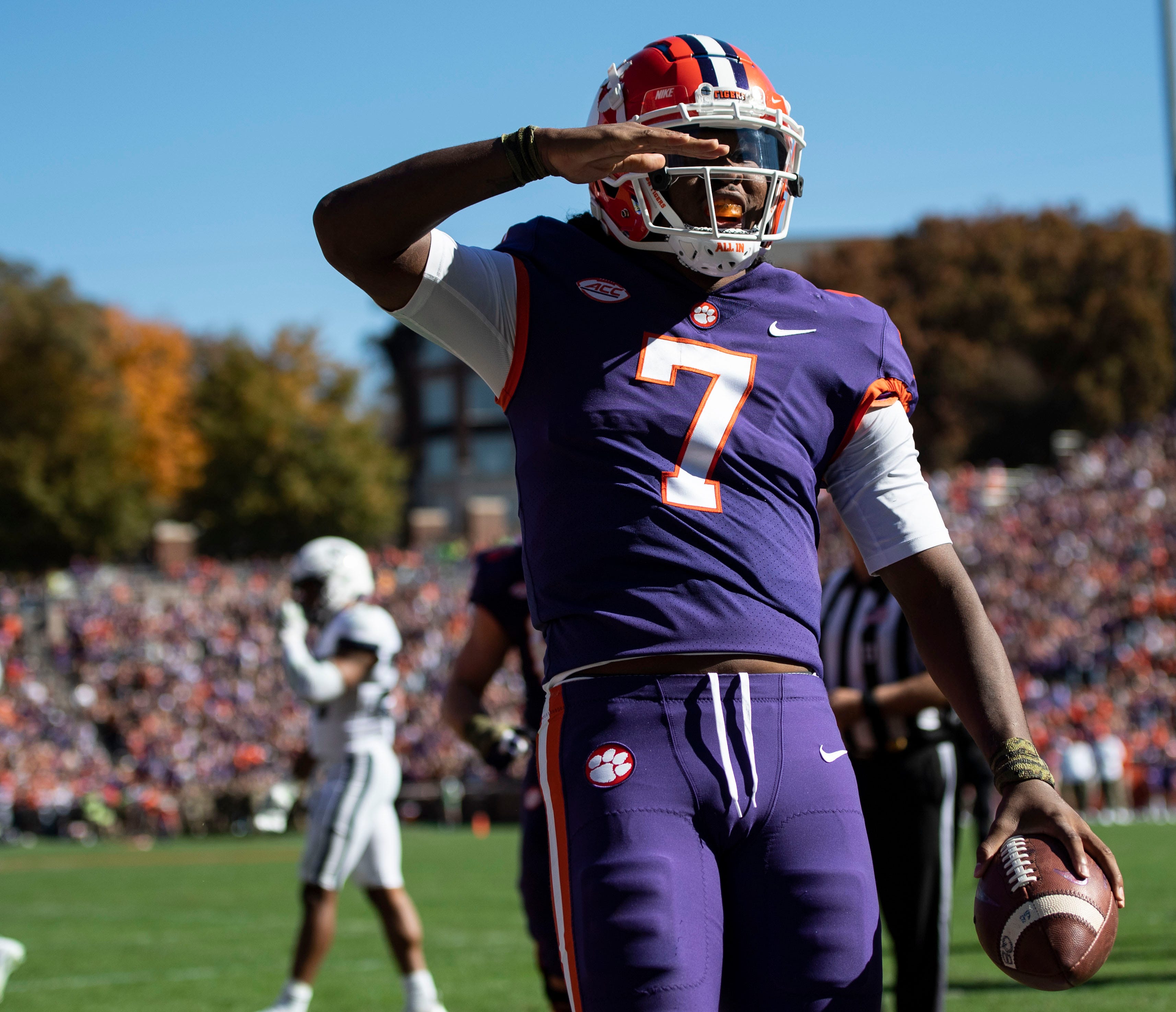 Former Clemson quarterback Taisun Phommachanh celebrates a touchdown drive against UConn.