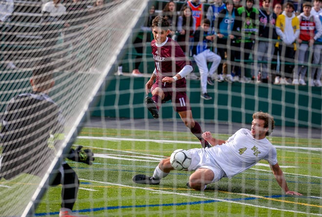 Michael Hofstetter scores against North Kingstown in the Division I championship last fall. On Thursday he was named the Gatorade Rhode Island Boys Soccer Player of the Year.