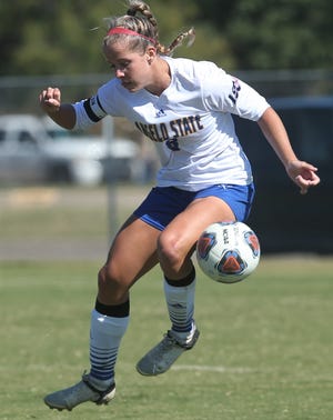 Angelo State University's Avery McNeme controls the ball during a match against Midwestern State at the ASU Soccer Field on Saturday, Nov. 6, 2021.