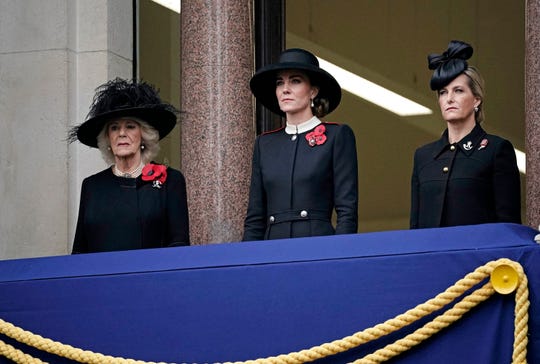 (L-R) Britain's Camilla, Duchess of Cornwall and Britain's Catherine, Duchess of Cambridge and Britain's Sophie, Countess of Wessex attend the Remembrance Sunday ceremony at the Cenotaph on Whitehall in central London, on November 14, 2021.
