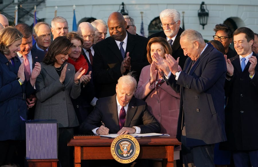 President Joe Biden signs the Infrastructure Investment and Jobs Act on the South Lawn of the White House in Washington, D.C. on Nov. 15, 2021.