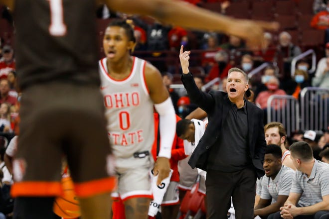 Ohio State Buckeyes head coach Chris Holtmann signals to the team during the first half of the NCAA basketball game against the Bowling Green Falcons at the Schottenstein Center in Columbus, Ohio Nov. 15.