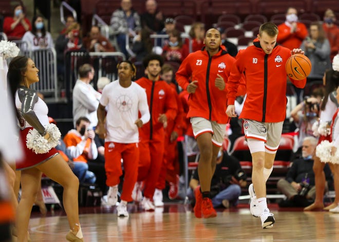 Ohio State Buckeyes take the court before the start of the NCAA basketball game against the Bowling Green Falcons at the Schottenstein Center in Columbus, Ohio Nov. 15.