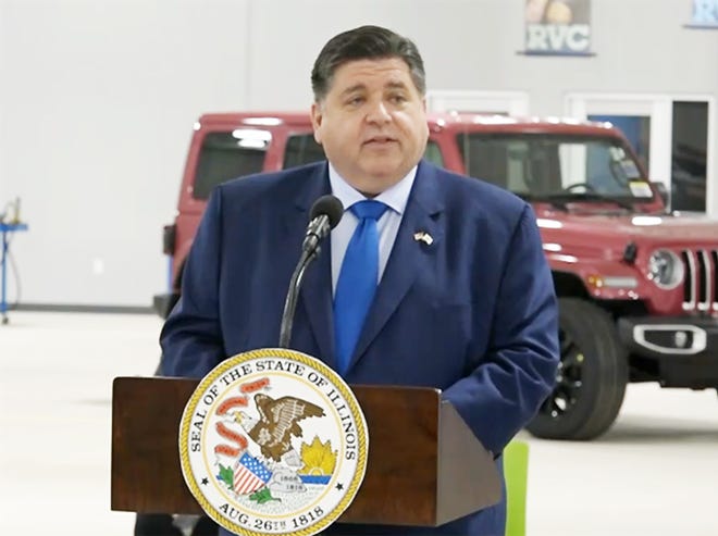 Gov. JB Pritzker speaks at a news conference Tuesday at the Rock Valley College Advanced Technology Center in Belvidere. He signed the Reimagining Electric Vehicles in Illinois Act into law at the bill signing ceremony.