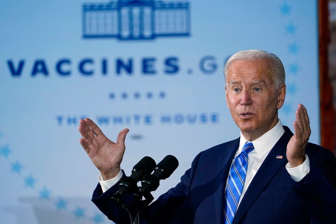 President Joe Biden speaks about COVID-19 vaccinations after touring a Clayco Corp. construction site for a Microsoft data center in Elk Grove Village, Ill., Thursday, Oct. 7, 2021.