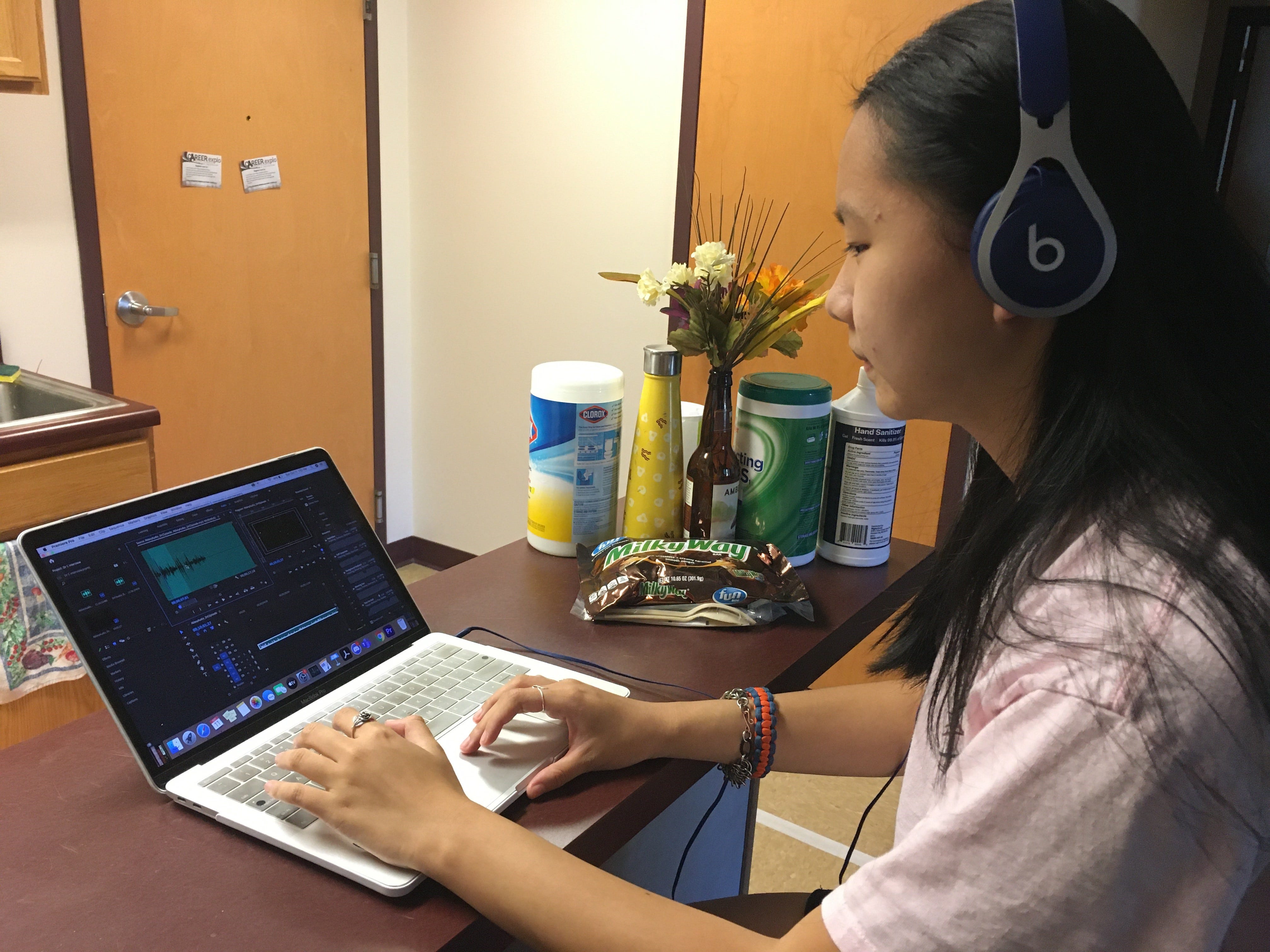 Kelsey Taylor works on a project inside her suite in Wright Hall in October 2020 during her senior year.