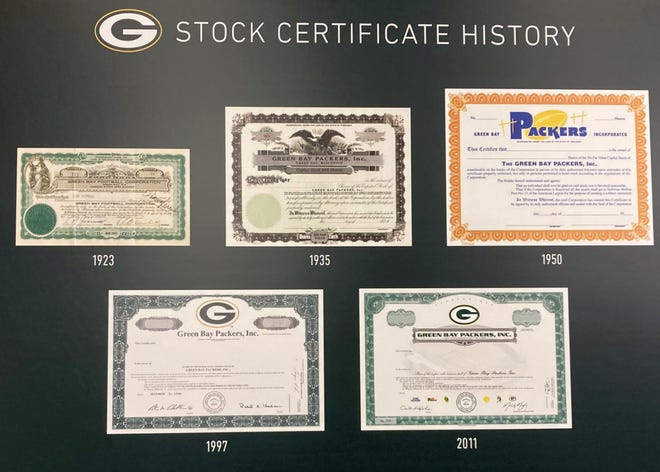 Green Bay Packers stock certificates from the team's first five stock sales. The Packers launched a sixth sale on Nov. 16, 2021.