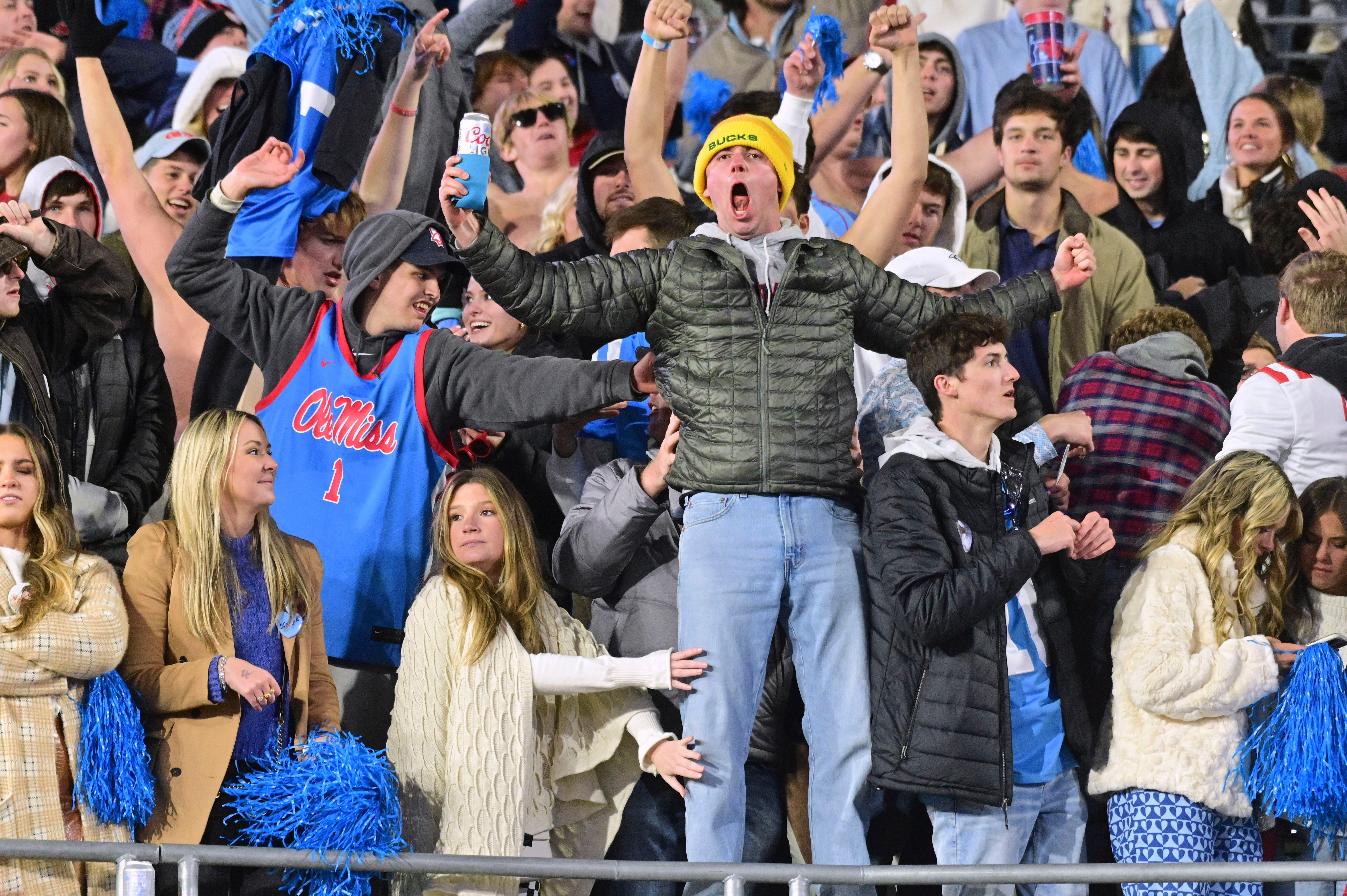 Ole Miss fans cheer during a Nov. 13, 2021, football game against Texas A&M at Vaught-Hemingway Stadium in Oxford, Miss.