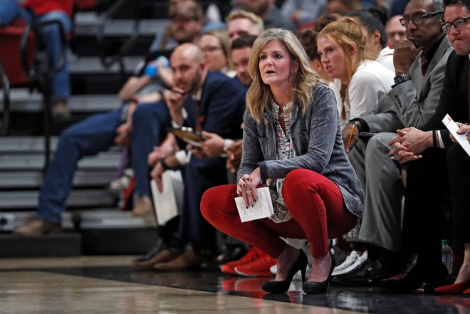 Texas Tech coach Krista Gerlich watches the game from the sidelines during the first half of an NCAA college basketball game on Tuesday, Nov. 16, 2021, in Lubbock, Texas.