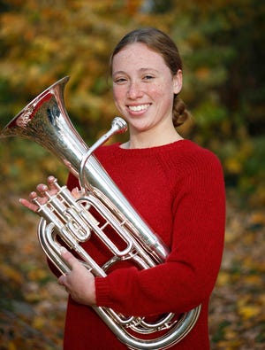 Braintree High senior Abigail Smith, 17, will be playing her baritone horn in the Rose Parade with the Salvation Army Band on New Year's Day in California.  She is pictured on Wednesday, Nov. 17, 2021.