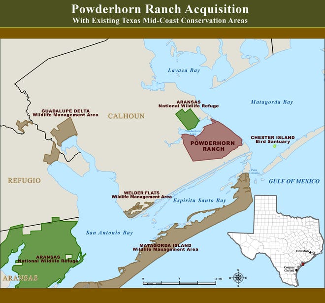 A map of the recently purchased Powderhorn Ranch in Calhoun County, that will help preserve more than 15,000 acres of land along Matagorda Bay.
