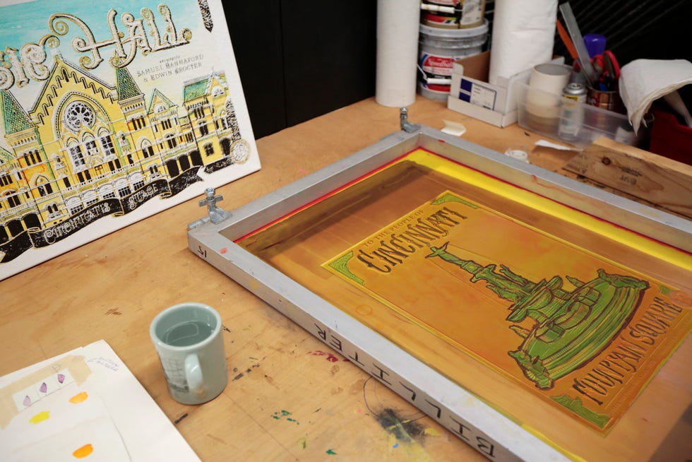 A screen printing station is set up for a Fountain Square print at Biller Studio in the Walnut Hills neighborhood of Cincinnati on Wednesday, November 3, 2021.