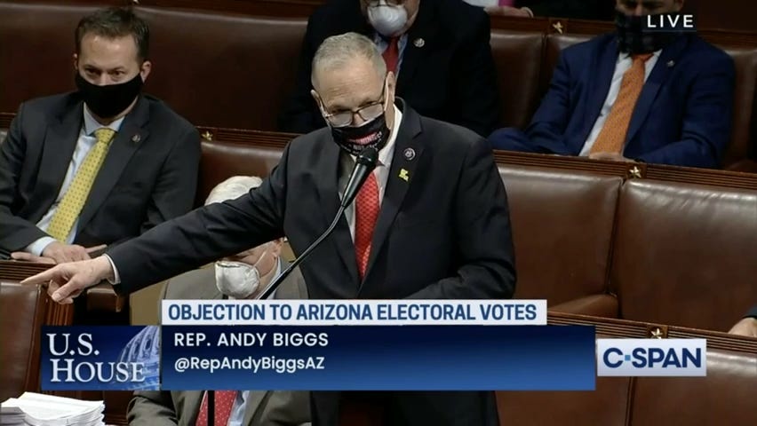 Andy Biggs on House floor Jan 6, 2021, challenging Arizona electors.
