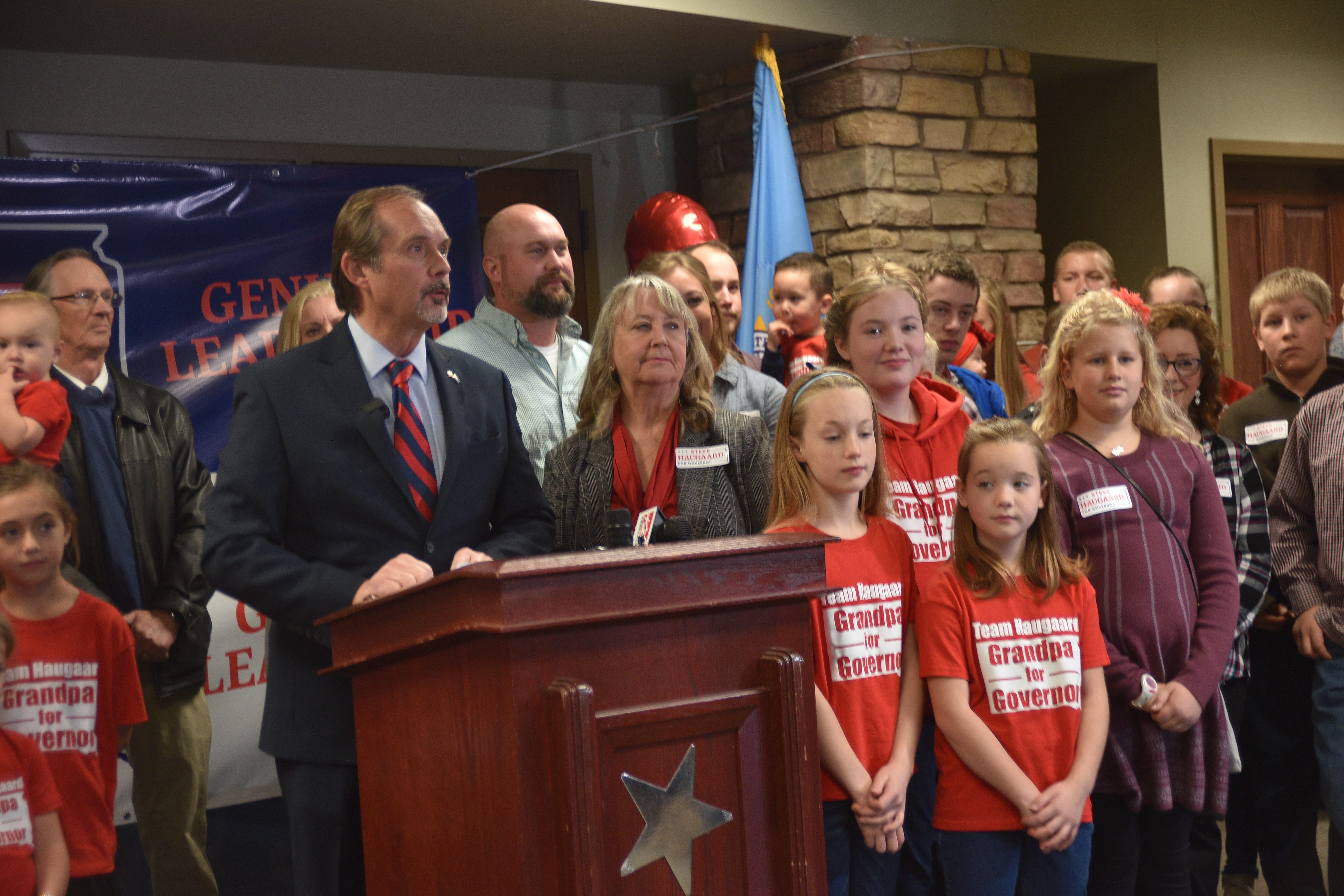 Rep. Steve Haugaard, R-Sioux Falls, with his wife Mary and their dozens of children and grandchildren at his side, formally announced his candidacy for South Dakota governor in the 2022 state primary.