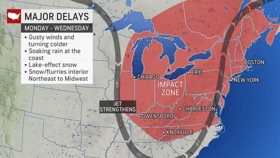A big storm is predicted to bring major travel delays to portions of the Midwest and Northeast in the days before Thanksgiving.