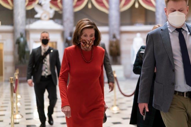 House Speaker Nancy Pelosi, D-Calif., Goes to the chamber to condemn the actions of Rep. Paul Gosar, R-Arizona, who tweeted an animated video of the representative hitting Rep. Alexandria Ocasio-Cortez , DN.Y., With a sword, on Capitol Hill in Washington, November 17, 2021.