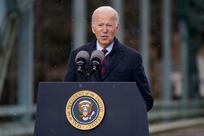 President Joe Biden speaks during a visit to the NH 175 bridge over the Pemigewasset River to promote infrastructure spending on Tuesday in Woodstock, N.H.