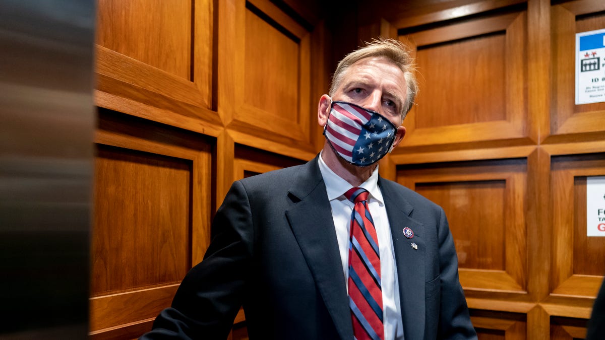 Republican Rep. Paul Gosar of Arizona takes an elevator on Capitol Hill on Wednesday, Nov. 17, 2021, as the House of Representatives prepares to vote on a resolution to formally rebuke him for tweeting an animated video that depicted him striking Rep. Alexandria Ocasio-Cortez, D-N.Y., with a sword.