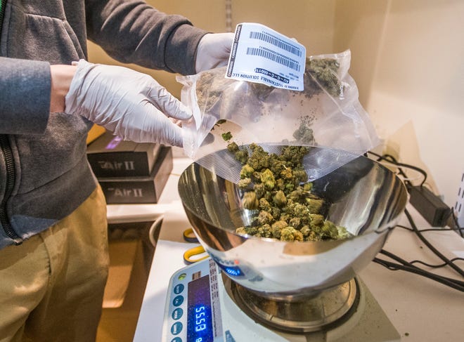 In this file photo, Manager Nick Ghezzi weighs a shipment of marijuana inside the ReLeaf Center on Jan. 22, 2020, in Niles. Momentum appears to be building to decriminalize marijuana in Indiana and, possibly, nationally.