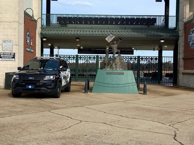 A Jackson Police SUV is stationed at the entrance to The Ballpark at Jackson Thursday morning. There will be one there during working hours until Dec. 8, which is the deadline for the Generals front office staff to vacate the building.