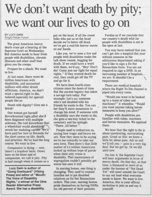 Opinion column by Lucy Guinn, January 9, 1997, published as the United States Supreme Court heard oral arguments on constitutional issues over the right to assisted suicide.