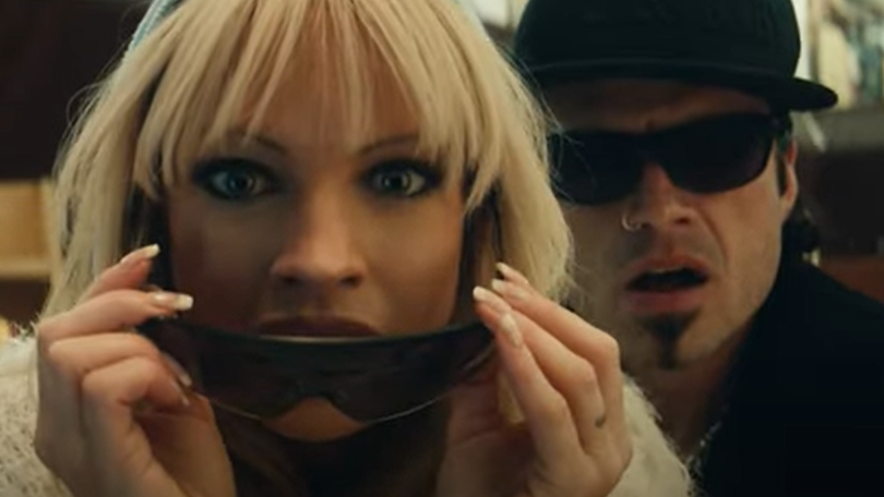 Screengrab Lily James as Pamela Anderson, Sebastian Stan