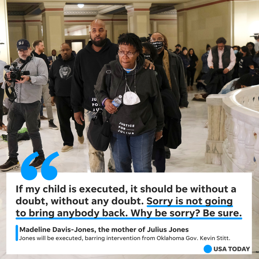 Madeline Davis Jones and other family members and friends address the media about Julius Jones' execution at the Oklahoma State Capitol in Oklahoma City, on Wednesday, Nov. 17, 2021
