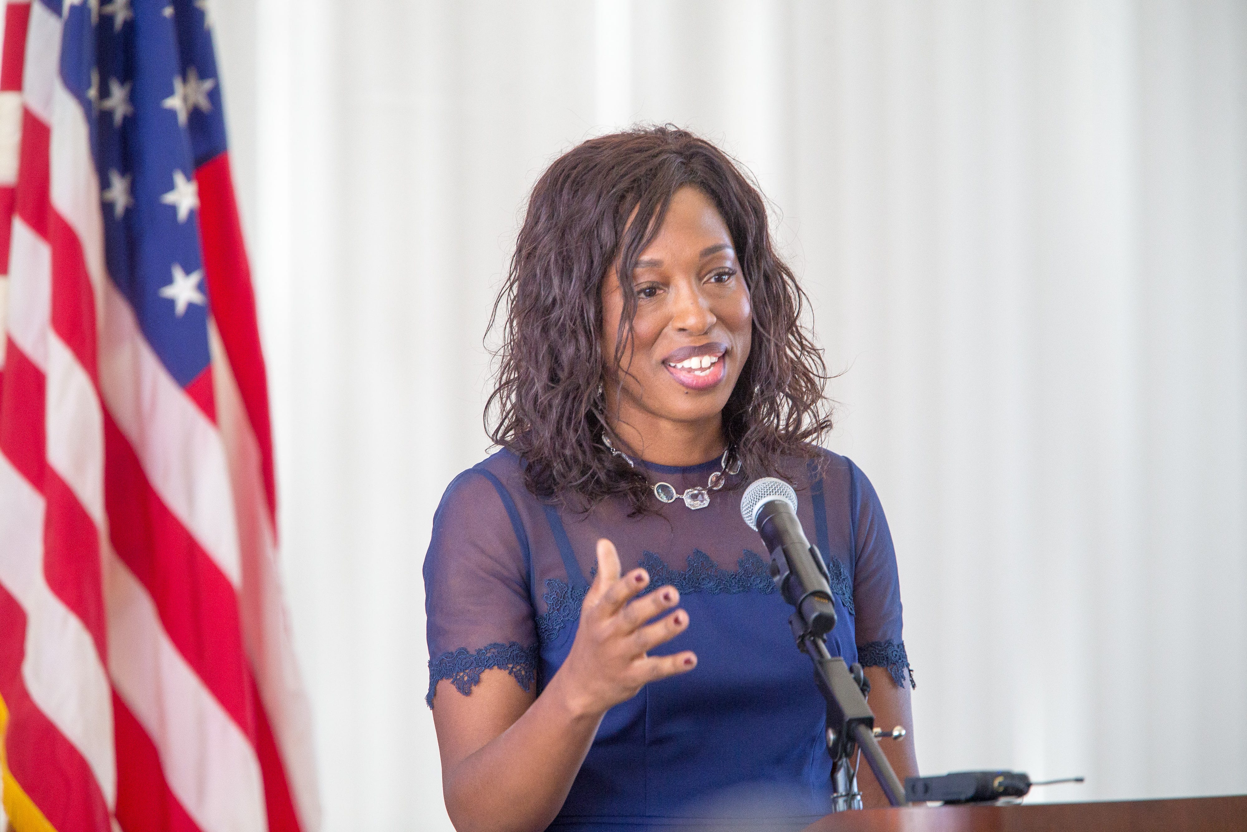 Dr. Ngozi Ezike, director of the Illinois Department of Public Health, gives an acceptance speech on Nov. 19, 2021, at Rockford University in Rockford, after the university presented her with the Jane Addams Medal for Distinguished Service.