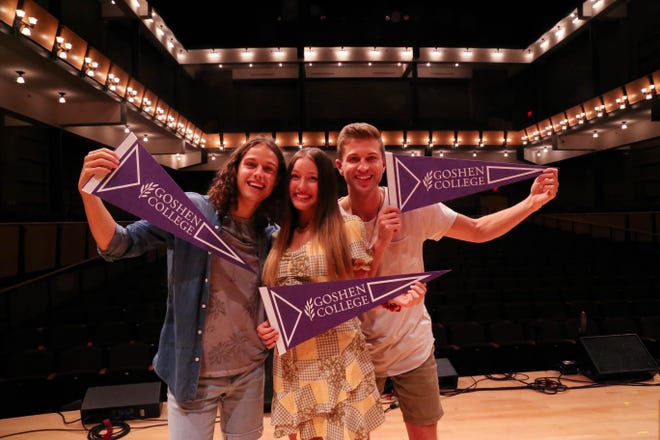 Girl Named Tom — Joshua, left, Bekah and Caleb Liechty — show their school spirit at Caleb and Joshua's alma mater on Oct. 1, 2021, the day they played Goshen College's Sauder Concert Hall less than a week after passing the blind audition round on "The Voice" to advance to the competitive rounds.