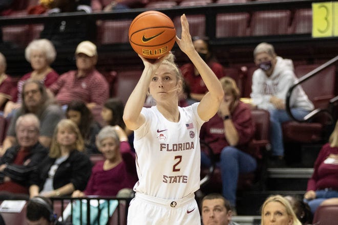Florida State Seminoles guard Sammie Puisis (2) shoots the ball during a game between FSU and Jacksonville University at Donald L. Tucker Civic Center Thursday, Nov. 18, 2021.