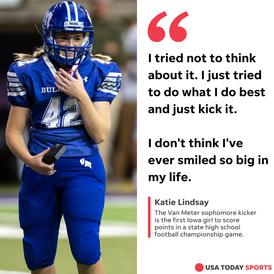 Van Meter kicker Katie Lindsay smiles after making an extra point during a Class 1A state football semifinal against Dyersville Beckman on Nov. 12, 2021 in Cedar Falls, Iowa.