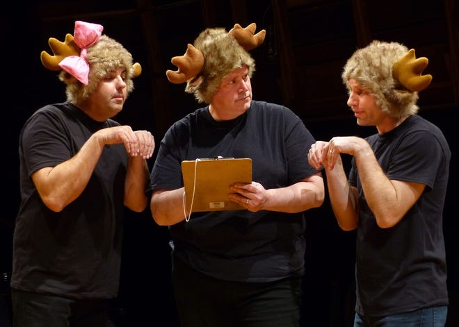 (L to R) Nathan Johnson (Geneseo), Michael Kelley (Rock Island) and Jonathan Grafft (Geneseo) spoof the Rankin-Bass stop-motion holiday tv special "Rudolph the Red-Nosed Reindeer" with their version, Gustav, the Green-Nosed Reingoat, in "Ever Christmas Story Every Told (and then some)" running at Richmond Hill Players from Dec. 2-12