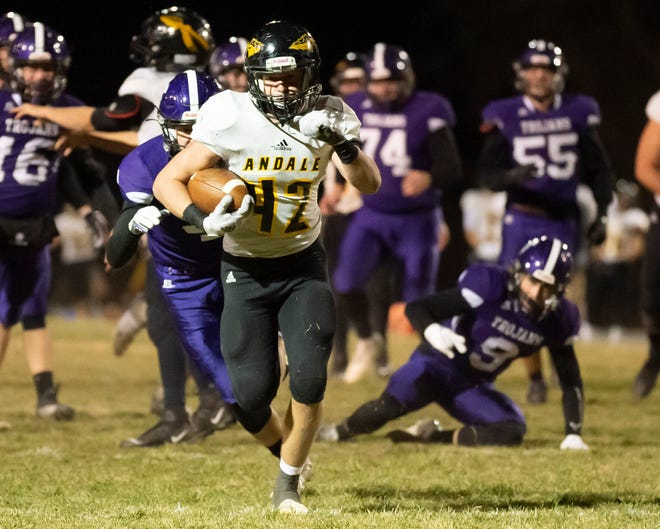 Andale's Cody Parthemer (42) breaks free for a long gain in the Indians' Friday Substate victory at Southeast of Saline.