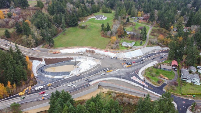 An aerial view of construction on Poulsbo's Johnson Parkway roundabout on Highway 305 on Friday.