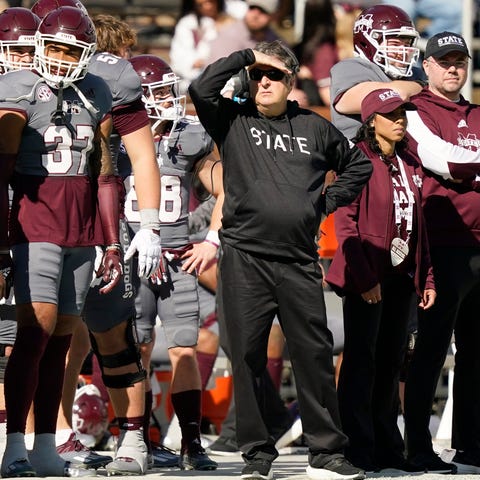 Mississippi State head coach Mike Leach shades his