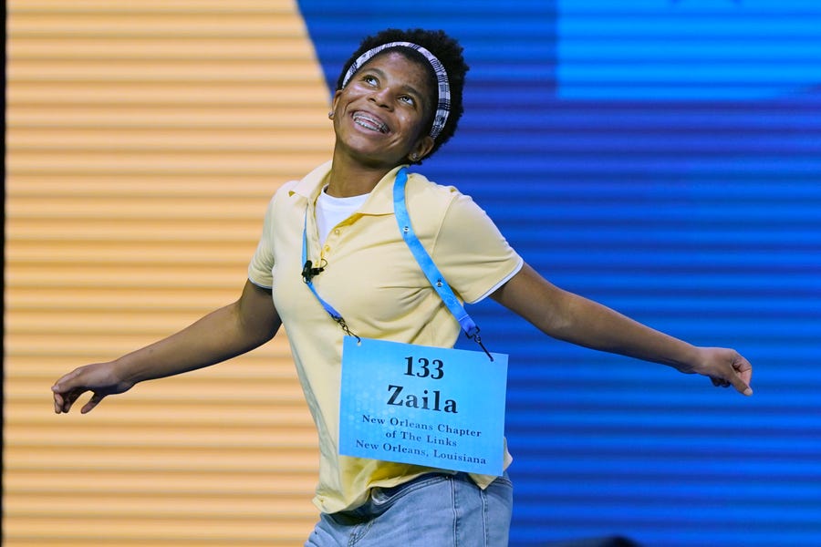 July 8, 2021: Zaila Avant-garde, 14, from Harvey, La., celebrates after winning the finals of the 2021 Scripps National Spelling Bee at Disney World in Lake Buena Vista, Fla. 