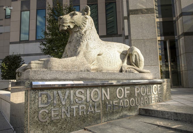 A lion statue outside Columbus Division of Police headquarters