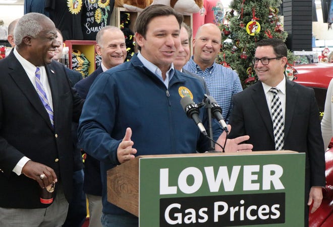 Gov. Ron DeSantis announces a proposal to waive the state's 26.5-cent per gallon gasoline tax on Monday, Nov. 22, 2021, at Buc-ee's gas station in Daytona Beach.