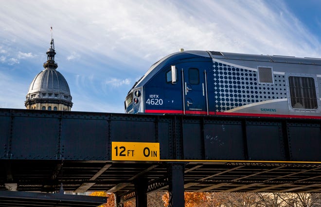 Amtrak’s Lincoln Service Train 303 departs downtown Springfield toward St. Louis on Nov. 22, 2021.