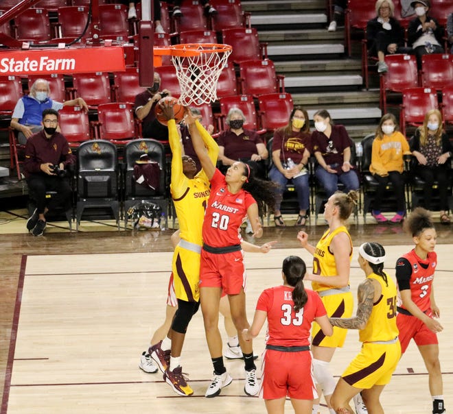 Arizona State forward Mael Gilles rebounds the ball against Marist forward Zaria Shazer in Sunday's game at Desert Financial Arena on Nov. 21, 2021.